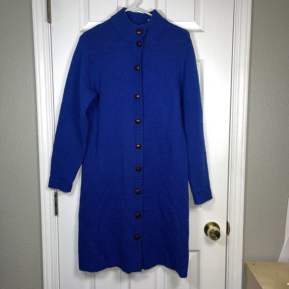 Orvis Women’s Long Duster Cardigan Sweater 100% Shetland Wool Blue Size Small